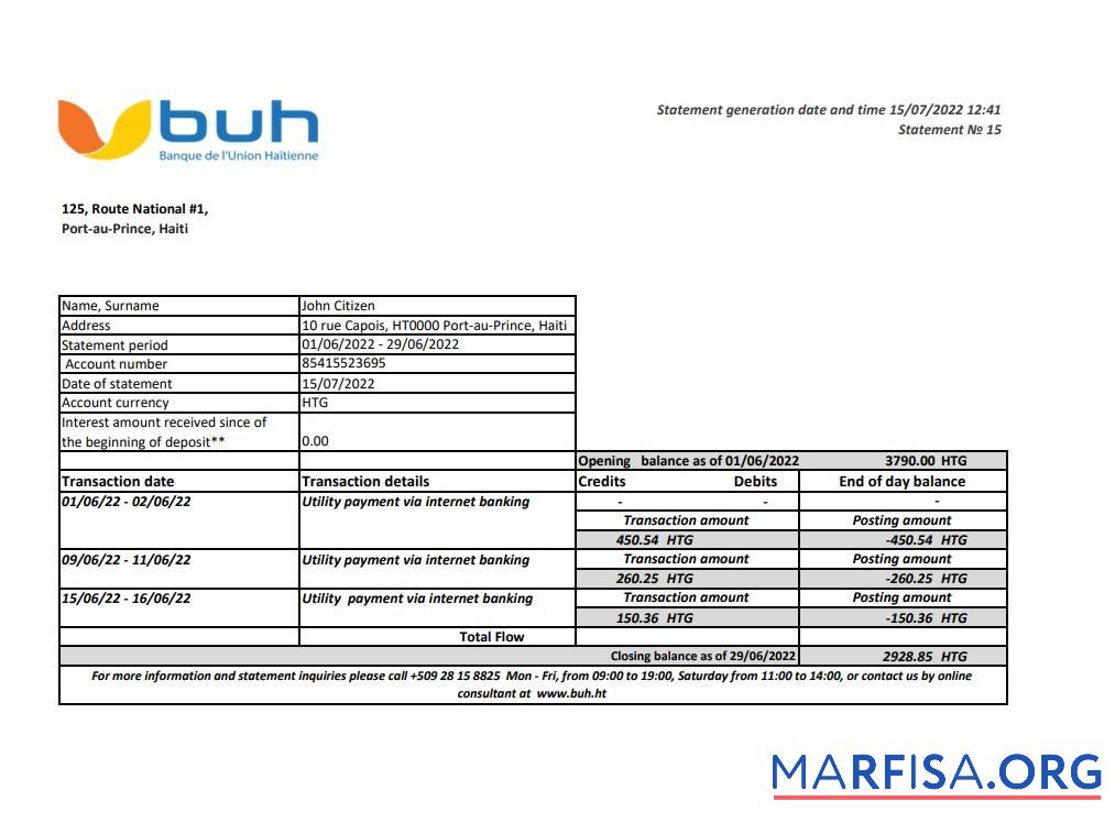 Blank Haiti BUH bank statement excel sample